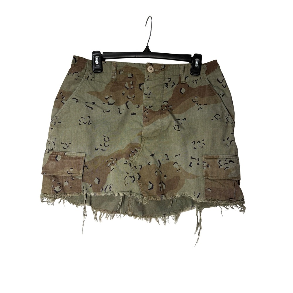 Desert Camo Cargo Mini Skirt Chocolate Chip Camouflage Raw Hem Utility Womens